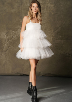 Ivory Satin Tulle Tiered Adorable Party Dress